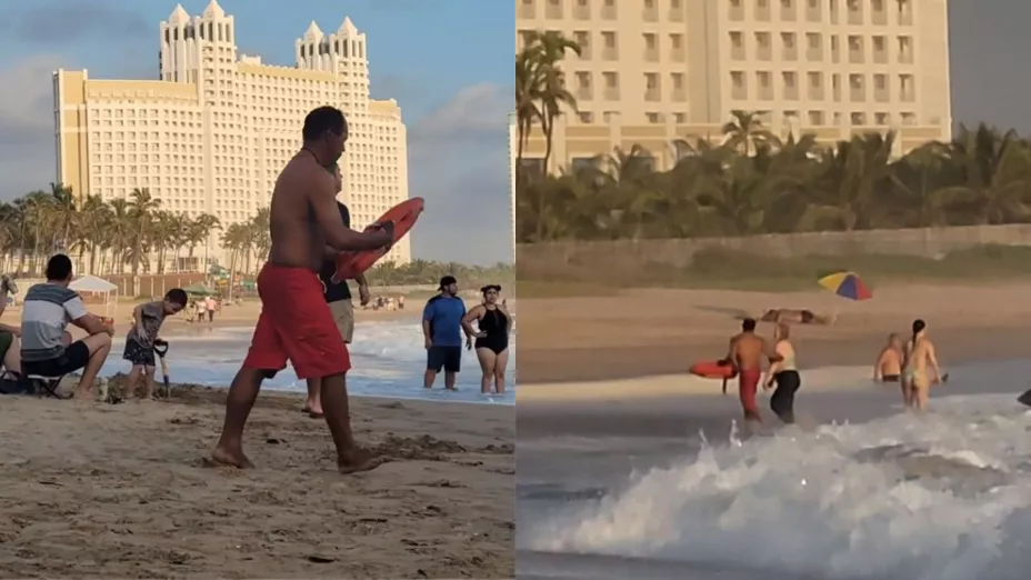 Mujer es salvada de ahogarse en Playa Brujas en Mazatlán.