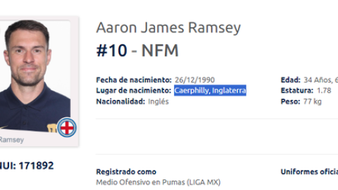 Aaron Ramsey aparece como ingl&eacute;s en el sitio oficial, cuando en realidad naci&oacute; en Gales