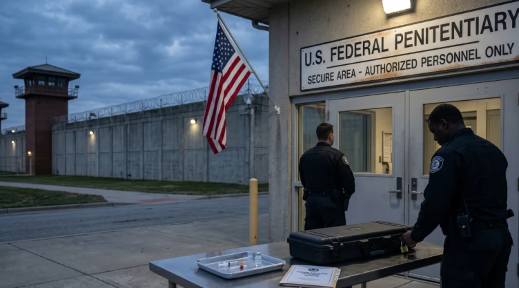 Una vista exterior de la entrada de la Penitenciaría Federal de EE. UU. al atardecer, que muestra muros altos fortificados con alambre de espino y torres de guardia. En primer plano, sobre una mesa de metal, se ven jeringas y viales médicos junto a un maletín de armas duro, lo que ilustra visualmente el contexto de las políticas de pena de muerte federal de la administración Trump y las medidas del Departamento de Justicia para reanudar las ejecuciones, incluyendo la inyección letal y métodos alternativos.