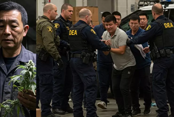 Cultivo ilegal de marihuana de alta potencia THC operado por TCOs chinas en EE.UU., destacando el uso de pesticidas tóxicos de China y la explotación de trabajadores, un tema central del Informe DEA 2025.