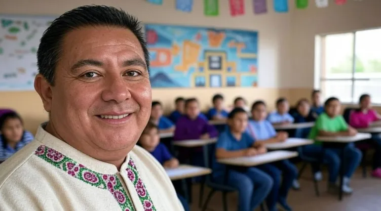 La imagen de un maestro de educación básica generado con Inteligencia Artificial, de fondo, se observan de manera difuminada a los alumnos.