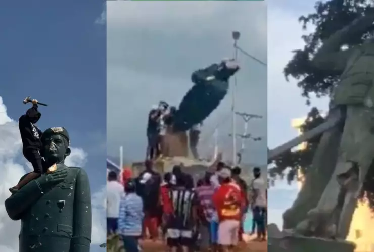 ¡Pueblo enojado! Derriban estatuas de expresidente Hugo Chávez en Venezuela.jpg