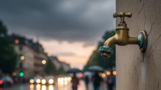 Llave sin agua en la ciudad con lluvia