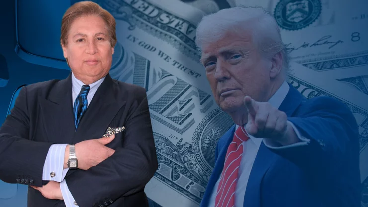 Imagen de Armando Guzmán, con fotografía de Donald Trump y fondo de billetes de dólares.