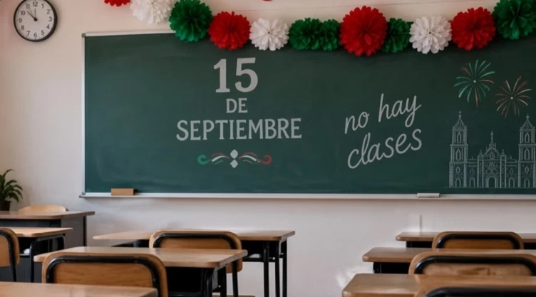Pizarrón donde aparece escrito 15 de septiembre en un salón de clases.