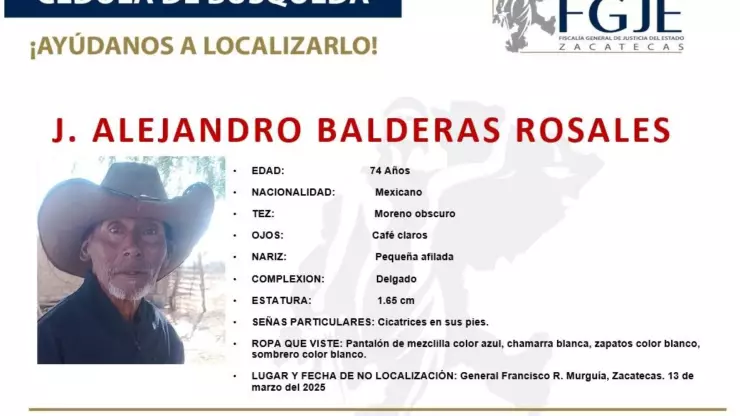 Desaparecidos en Zacatecas: Reportan desaparición de J. Alejandro Balderas Rosales de 74 años en Jerez; esto se sabe