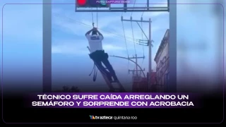 VIDEO: Técnico sufre caída arreglando un semáforo y sorprende con acrobacia