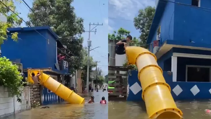 Niños en Tampico juegan con toboganes en medio de las inundaciones en Tamaulipas.