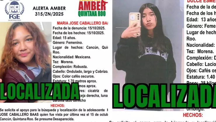 ¡Localizadas! Encuentran a las adolescentes Dulce Esmeralda González Balán y María José Caballero Baas, ambas desaparecidas en Cancún