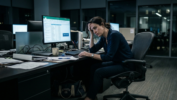 Toma fotorrealista cinematográfica de una oficinista exhausta, encorvada en una silla ergonómica frente al brillo de un monitor de computadora. Mala postura. Debajo del escritorio, se alcanza a ver ligeramente una bolsa de gimnasio olvidada. Iluminación de oficina fría y dramática. La persona se ve sin energía.