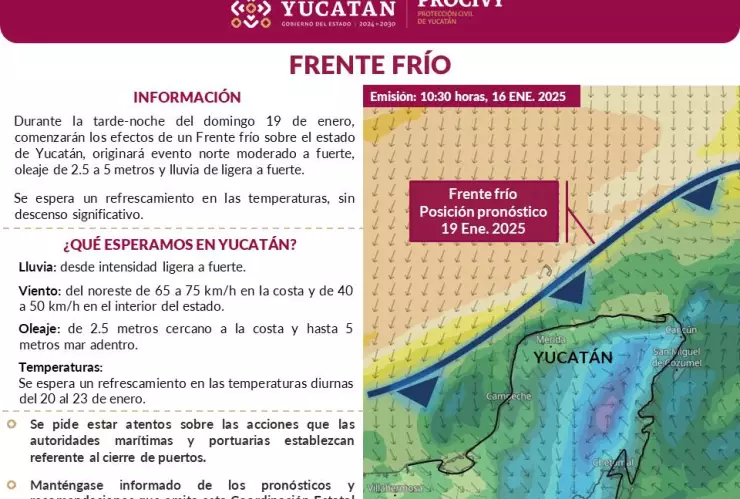 Ingreso de frente frío bajará las temperaturas como parte del clima hoy en Yucatán, domingo 19 de enero de 2025