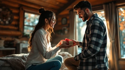 Pareja entregándose regalos por San Valentín