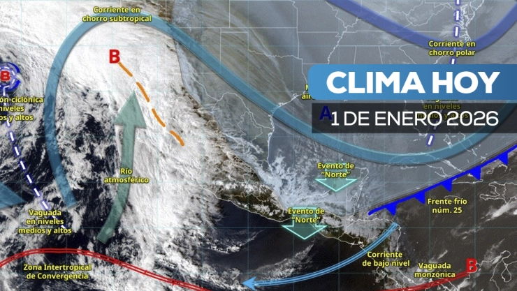 Mapa del Clima México muestra frente frío 25, masa de aire ártico y evento de Norte sobre el país