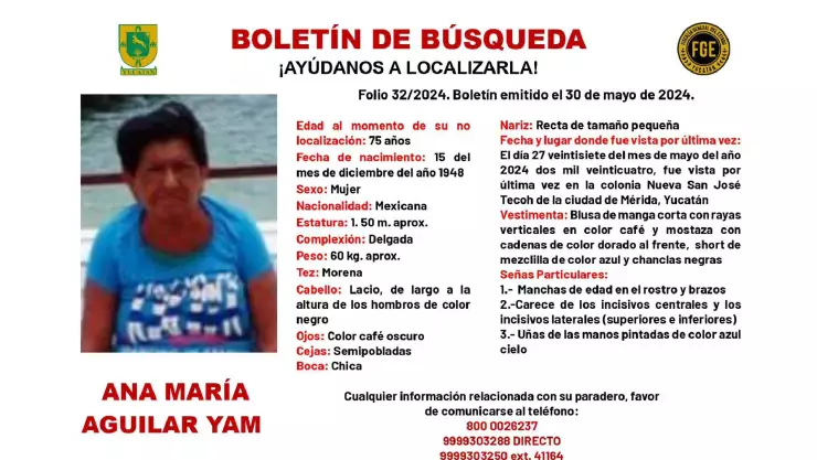 Desaparece mujer de 75 años identificada como Ana María Aguilar y emiten boletín de búsqueda en Yucatán