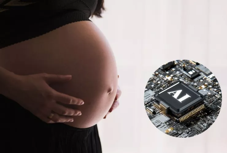 Imagen del vientre de una mujer embarazada y de un chip con las siglas AI.