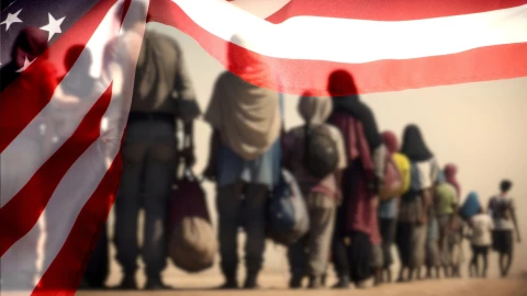 Varios inmigrantes bajo una bandera estadounidense.