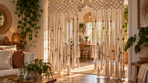 Cortinas de crochet con estilo bohemio con flecos y texturas