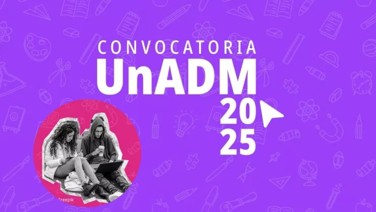 Convocatoria UnADM 2025: Dos estudiantes mirando su computadora mientras beben café.