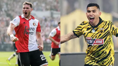 Santiago Giménez y Orbelín Pineda celebrando gol