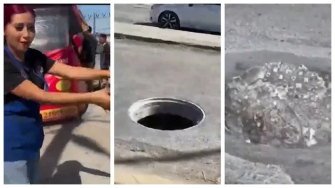 Tiktoker denuncia bache, lo reparan mal, vuelve a exhibirlo y le clausuran negocio en Juárez, NL. En la imagen, dividida en tres, se puede observar a ‘Reyna, la de los pollos’, señalando un bache y posteriormente cómo fue reparado de muy mala forma por el gobierno de Juárez, NL.