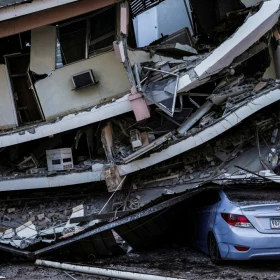 Un automóvil yace aplastado bajo los escombros de un edificio derrumbado tras un terremoto cerca de la costa sur de Panamá, en Penonomé, Panamá, 10 de octubre de 2026.