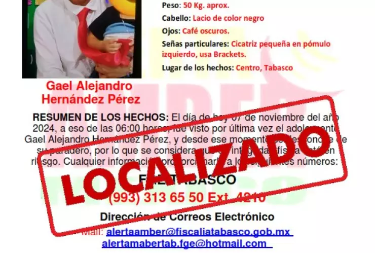 ALERTA AMBER TABASCO: Gael Alejandro fue visto por última vez en Centro, Tabasco