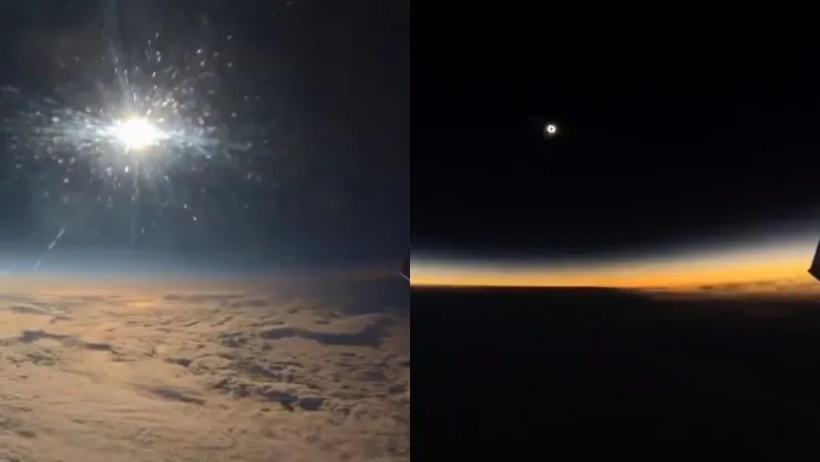 Eclipse solar es visto desde un avión y muestra cómo se oscureció el cielo