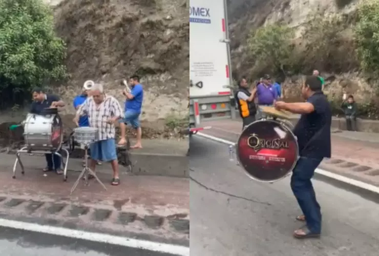 Banda sinaloense toca en la carretera en Querétaro