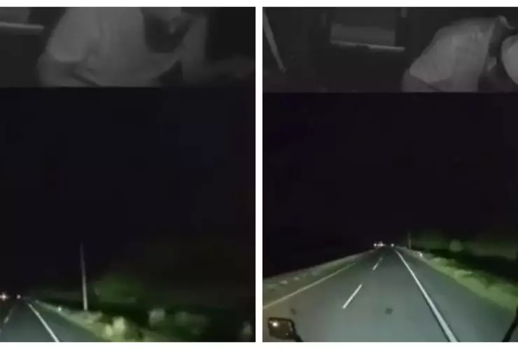 Lo atacan con una piedra para robarle: Trailero queda inconsciente y se estrella en autopista de Tabasco. En la imagen se observa el momento excato en el que el conductor del tráiler pierde el control en la autopista Coatzacoalcos-Villahermosa en Tabasco.