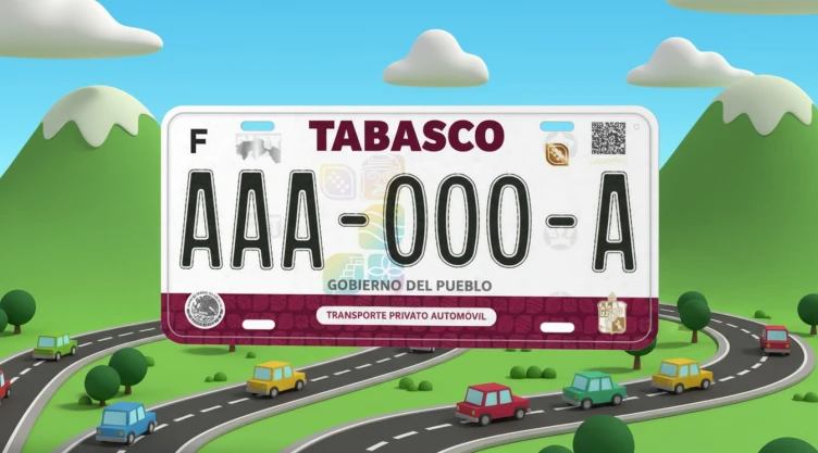Ilustración de una placa vehicular 2026 del estado de Tabasco sobre una carretera con autos, relacionada con el canje de placas.
