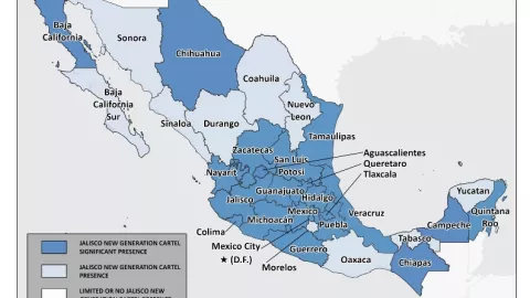 Áreas de operación dominantes del Cártel Jalisco Nueva Generación