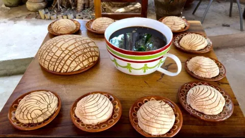 La famosa concha gigante de Culiacán, rodeada por varias conchas de tamaño normal, y una taza de café gigante a un lado