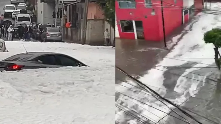 Espuma en presa los Cuartos en Naucalpan, Edomex.