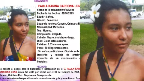 Reportan la desaparición de Paula Karina Cardona Luna, mujer de 18 años de edad desaparecida en Cancún