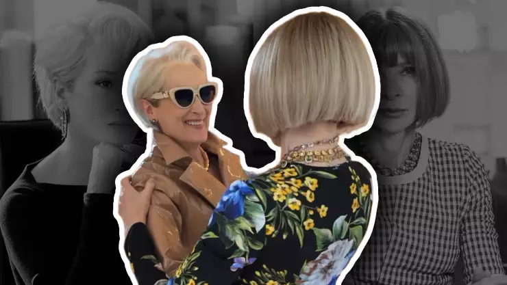 Meryl Streep, actriz que interpreta a Miranda Priestly, y Anna Wintour se encuentran en desfile de la Milan Fashion Week 2025