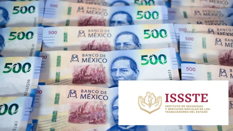 Billetes de moneda mexicana equivalente a 500 pesos a lado del logo ISSSTE