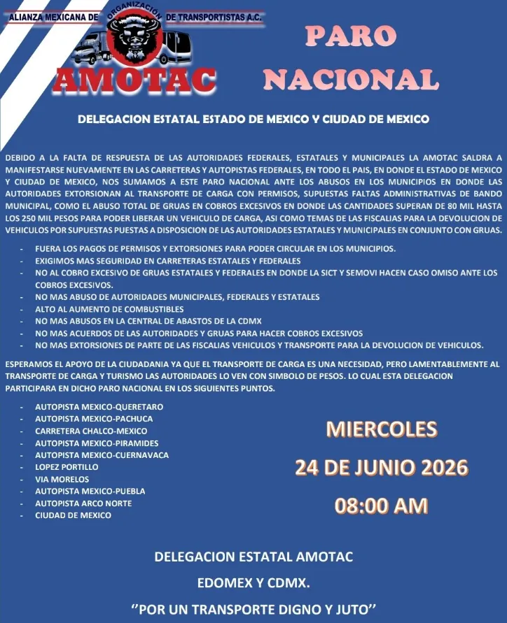 Paro nacional de transportistas 24 de junio 2026; carreteras que se verán afectadas