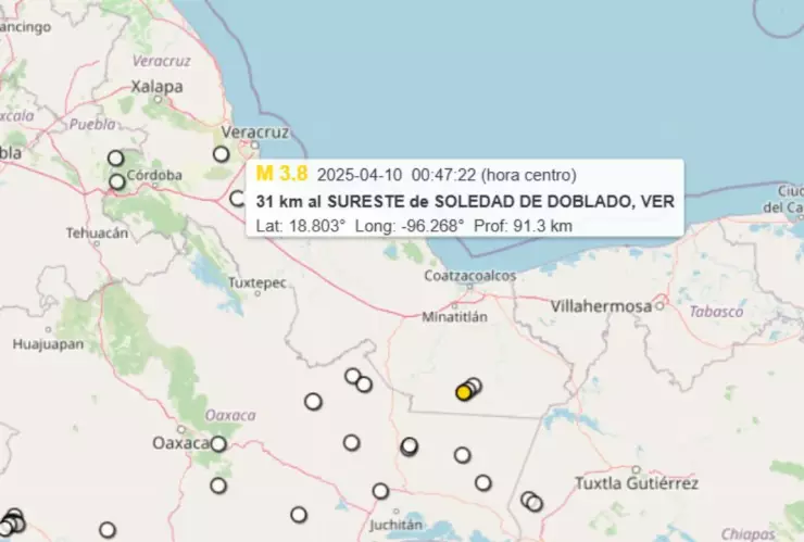 Sismos registrados en Veracruz, hoy 10 de abril de 2025