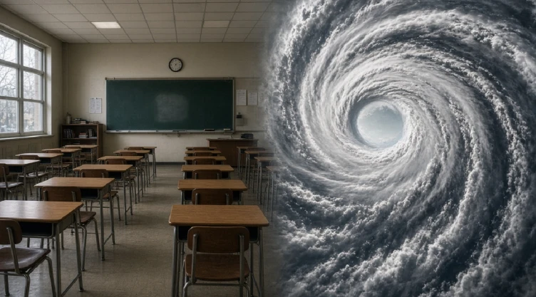 Salón de clases vacío y a lado el ojo del huracán “Rachel”