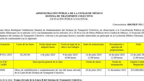 Convocatoria de licitación de obras en la Línea B del Metro de CDMX.
