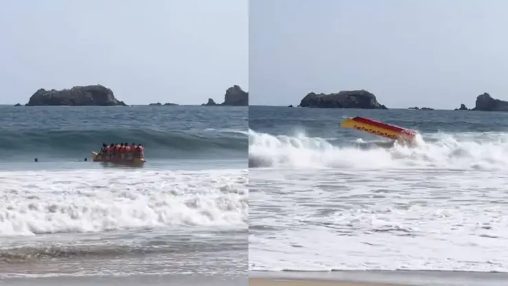 Paseo en la banana termina mal; quedaron de cabeza tras impacto de fuerte ola
