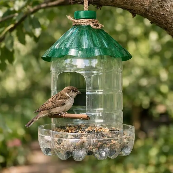 Crea un comedero para aves con botellas de plástico recicladas