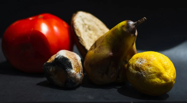 Un jitomate, una pera y un limón en proceso de descomposición