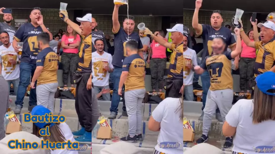 Aficionados bautizan a un niño derramando cerveza sobre su cabeza en partido Pumas
