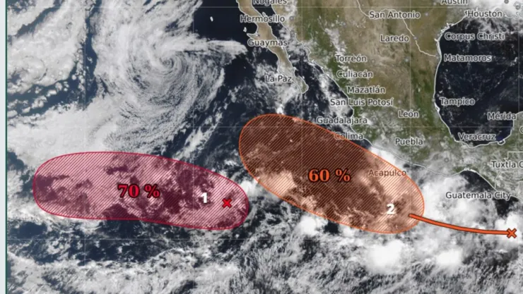 Mapa satelital de las zonas de baja presión con potencial ciclónico que se encuentran en el océano Pacífico.
