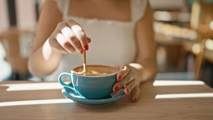 Una mujer toma un café.