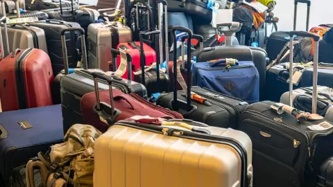 Muchas maletas agrupadas en un dep&oacute;sito de aeropuerto