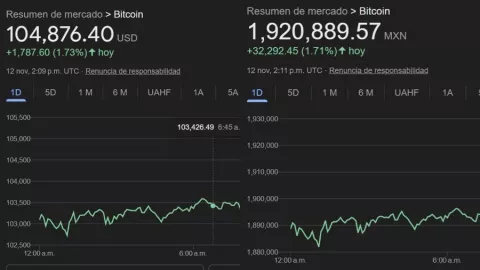 precio del Bitcoin hoy inició la jornada de este miércoles 12 de noviembre de 2025 en 104,876 dólares estadounidenses por unidad