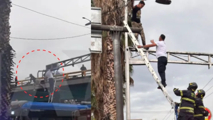 Captan momento en el que un hombre amenaza con lanzarse desde semáforo en Azcapotzalco