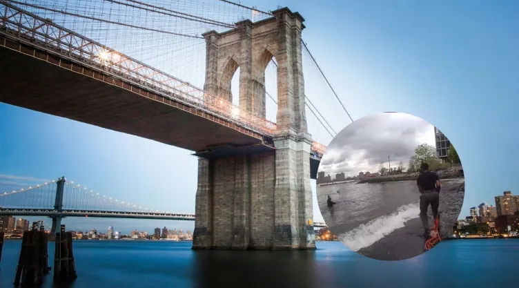 Imagen del puente de Brooklyn y rescate de mujer.